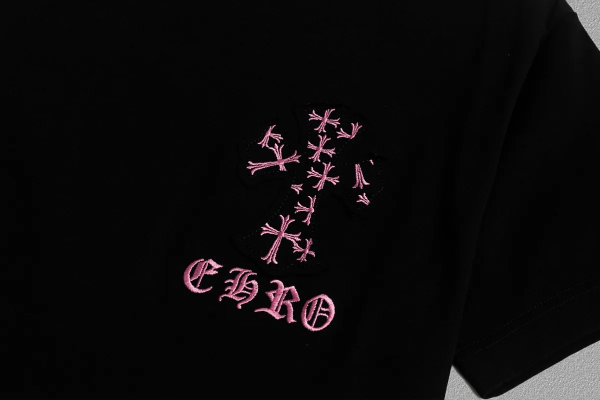 🅿️200 [CH Crow Heart] 2025FW short-sleeved T-shirt, patch embroidery, high-end 26s double yarn 300g fabric, heavy fabric, custom stretcher rib, same cylinder and dye, complete three standards, same style for men and women, color: black, white, size: S M L XL 2XL